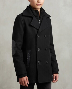 Epic Threads Wool Blend Pea Coat Jacket Boys M 10-12 Black Leather Elbow Patches
